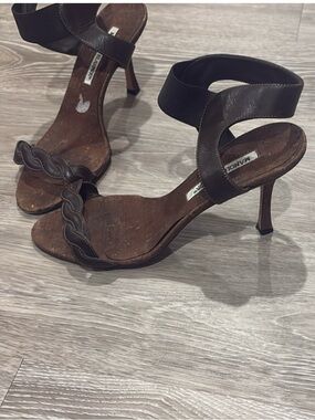 Manolo Blahnik Dark Brown Leather Strappy Stiletto Sandals